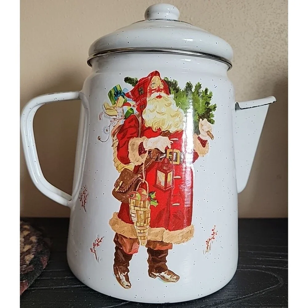 Vintage Hallmark Jan Karon White Enamel Santa Claus Holiday Coffee/Tea Pot